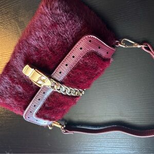 AKIRA Burgundy Fur Clutch with Gold Chain
